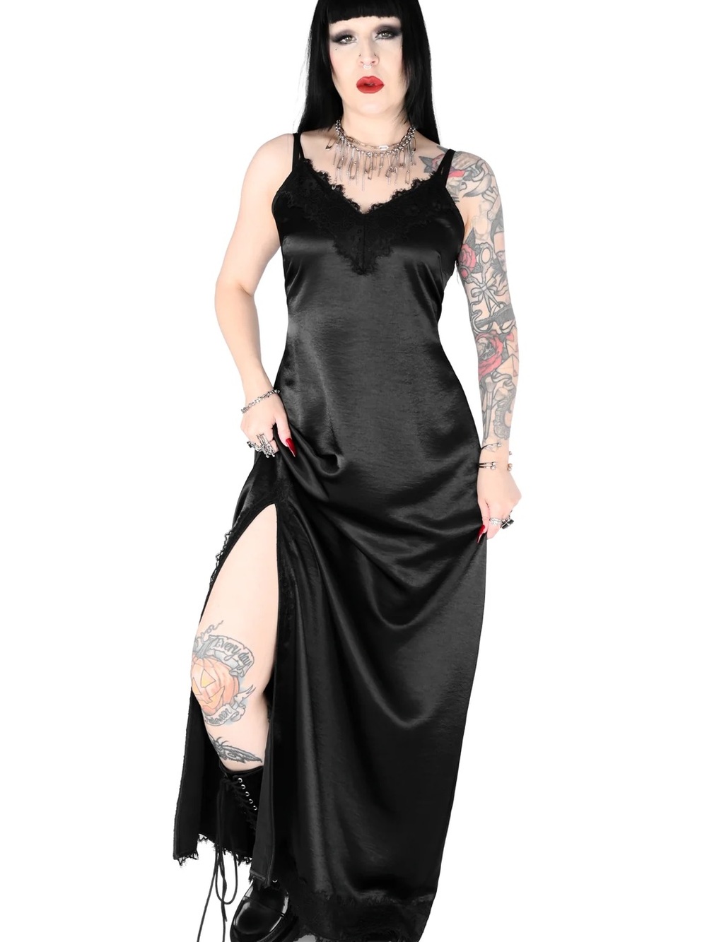 Foxblood Black Satin Lace Trim Slip Dress - SOFTEST SATIN